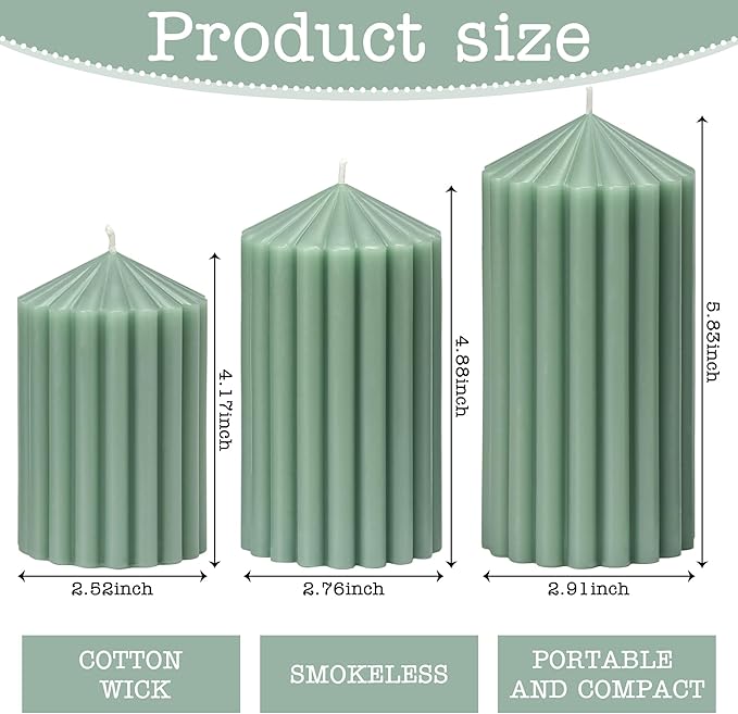 3 Pack Sage Green Ribbed Pillar Candles - Soy Wax Unscented, 2.76"x4.2/4.9/5.9 in Smokeless Non Toxic Cotton Wick, Aesthetic Modern Candles for Home Decor, Dinner Table, Living Room, Housewarming Gift