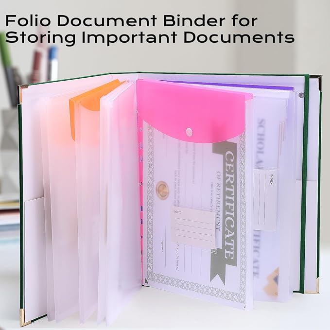 XKDOUS Important Document Organizer Folio Folders with 9 Pockets 3 Ring Linen Binder Organizer Expanding Storage Documents Holder with 9 Pockets and Labels for Papers, Files