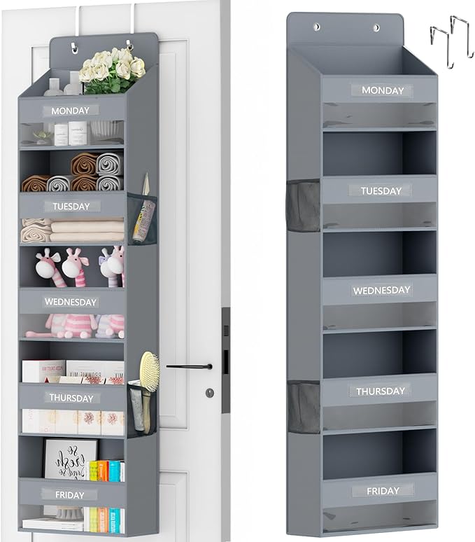 VERONLY Over The Door Organizer Storage, 5 Shelf Hanging Organizer with 4 Large Capacity Pockets, Anti Tilt 44 lb Load Behind Door Organizer for Bedroom, Bathroom, Pantry, Nursery
