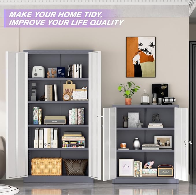 Superday Metal Storage Cabinets, 72" Storage Cabinet with Locking Door, Tall Garage Cabinet with 2 Doors and 4 Adjustable Shelves for Home Office, Classroom, Easy Assemble(White Grey)