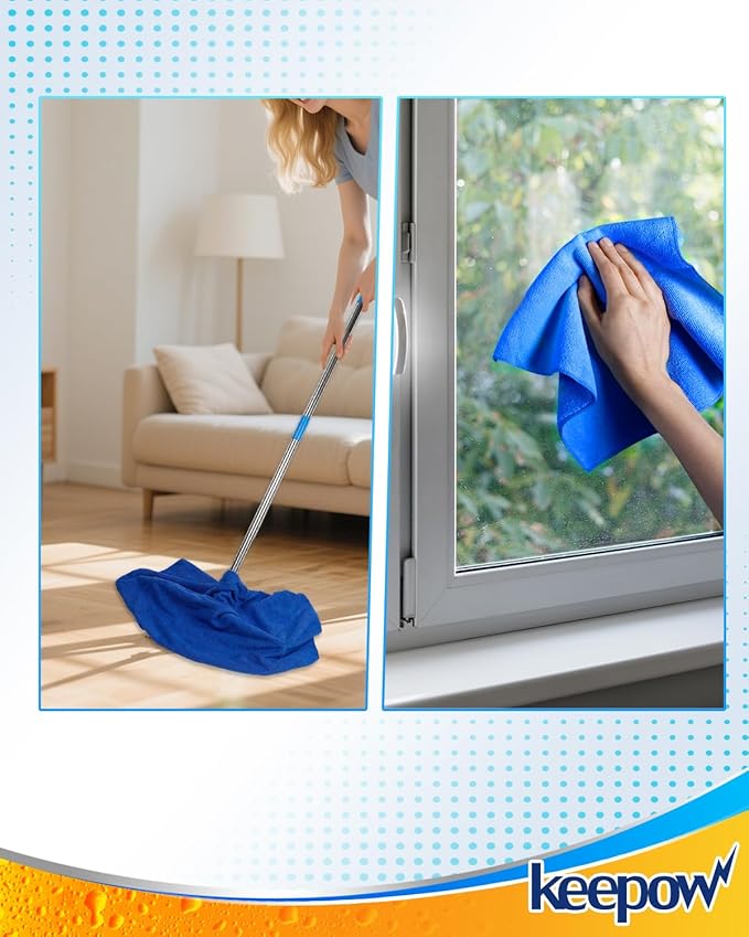 KEEPOW 4PCS Extra Large Microfiber Cleaning Clothes, 30"x20" for Squeegee Mop, Washable Reusable for Glass, Windows, Office & Car Cleaning, Highly Absorbent, Lint and Streak Free (White & Blue)