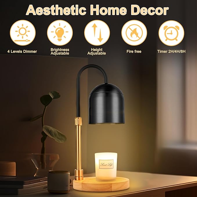 Candle Warmer Lamp with Timer & 3 Bulbs, Dimmable Electric CandleLight Adjustable Height and Brightness Candle Wax Warmer for Jar Candles Bedroom Home Decor House Warming Gift for Women (Round Black)