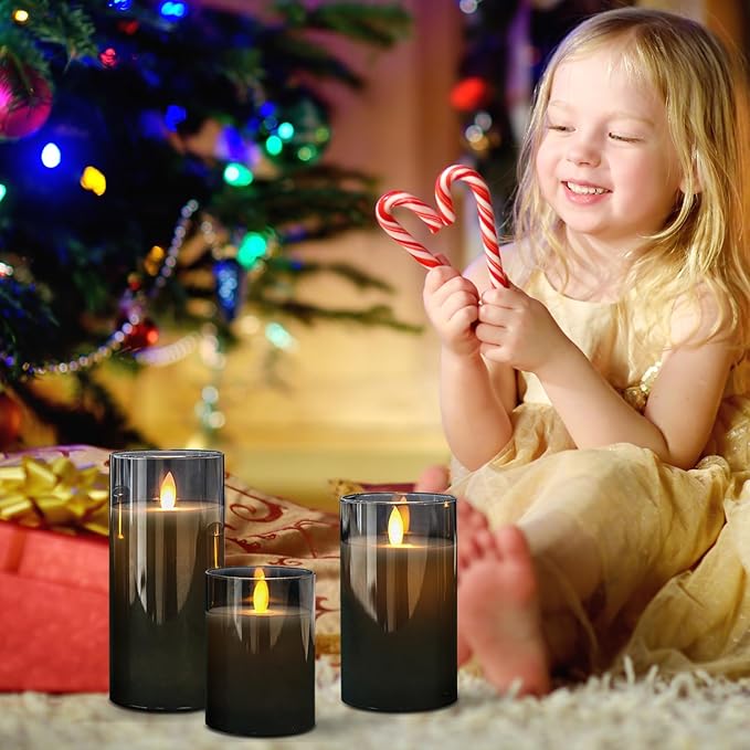 Glass Flameless Candles with Remote Timer, LED Battery Operated Candles with 3D Flickering Wick, Set of 3 Glass and Real Wax Pillar Candle for Halloween Christmas Wedding Home Decor