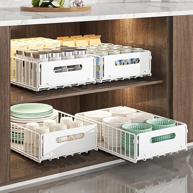 YunNasi Pull Out Cabinet Organizer Slide Out Drawer Storage Shelves Cupboard Organiser Sliding Cabinet Basket for Kitchen No Drilling and Nailing (White, 2Piece 9.8" W X15 D X 7.5" H)