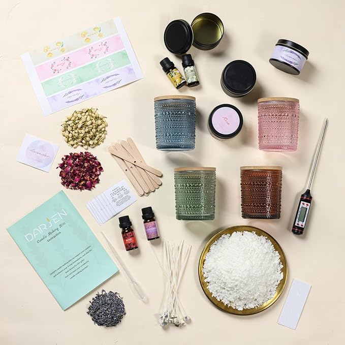 DARJEN Candle Making Kits for Adults - Candle Making Supplies with 4 Candle Jars(Blue, Pink, Amber, Green), Candle Tins, Soy Wax, Scents, Dried Flower & More, DIY Starter Candle Making Kit Home Decor