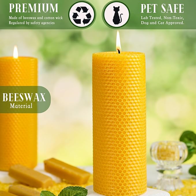 Hand-roll Large Beeswax Pillar Candles, 2pcs 2.8x8 Inch Natural Honeycomb Beeswax Candles, 100-Hour Slow Burn, Dripless & Air Purifying for Extended Serenity, Decor & Gifts (2 Pack)