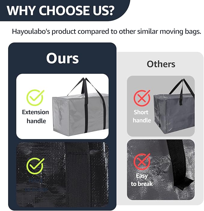 Moving Bags Heavy Duty Extra Large, Moving Boxes, Moving Supplies Essentials, Blue Storage Bins with Lids, Plastic Packing Totes, Storage Bags for Clothes with Handles & Zippers(Black, 10 Pack)