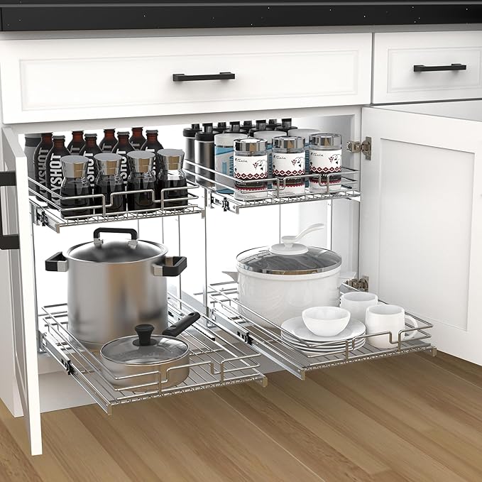 2 Tier Pull Out Cabinet Organizer, 11" W x 21" D Heavy-Duty Metal Sliding Drawer Shelf for Kitchen Cabinets, Chrome, Doesn't Include Door Fittings