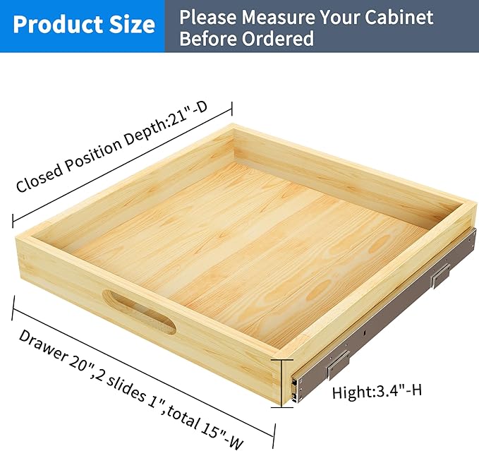 2 Set Pull Out Cabinet Organizer, Soft Close Slide Out Wood Drawer Storage Shelves for Kitchen, Base Cabinet Organization for Pantry, Finished, Heavy-Duty, Bottom Assembly (21” W x 21” D)