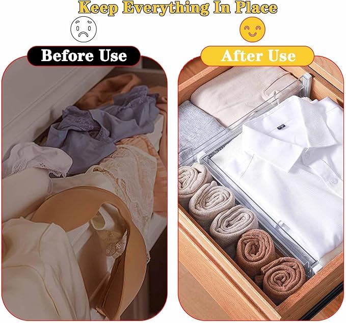 8 Pcs Drawer Dividers for Clothes, 3.15" High 11.34"-19.69" Adjustable Expandable Dresser Drawer Organizer, Clear Plastic Separators for Dresser, Baby Clothing (8, white‌)