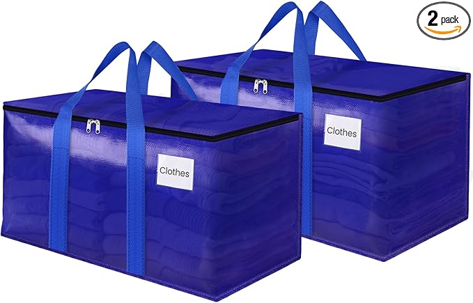 FabSpace Moving Storage Bags, Moving Supplies Packing Boxes for Moving, Camping, College Dorm Room Essentials for Girls, Blue Tote Bags, Heavy-Duty Storage Bins With Lids And Zippers, 125L 2 Pack