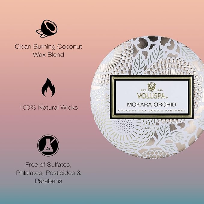 Voluspa Mokara Orchid, Mini Tin Candle, 4 oz, 25 Hour Burn Time, All Natural Wicks and Coconut Wax for Clean Burning, Vegan, Poured in The USA