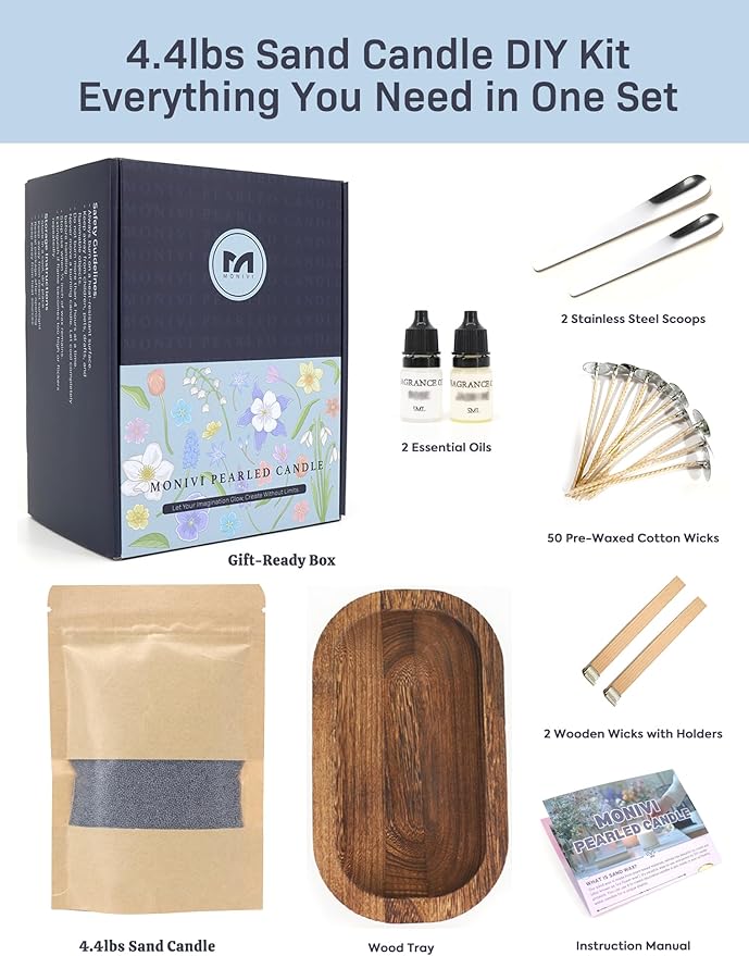 Monivi Candle Sand with Wicks 4.4lb Sand Wax Gray Pearled Candle Wax Beads with Wood Decorative Bowl, 2 Fragrance Oils Eucalyptus Cedar Total up to 450Burn hours DIY Candle Making Kit Mothers Day Gift
