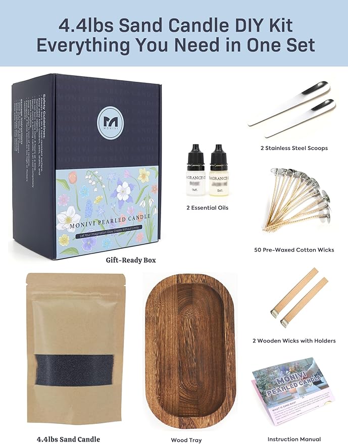 Monivi Candle Sand with Wicks 4.4lb Sand Wax Black Pearled Candle Wax Beads with Wood Decorative Bowl, 2 Fragrance Oils Musk Sandalwood Total up to 450Burn hours DIY Candle Making Kit Mothers Day Gift