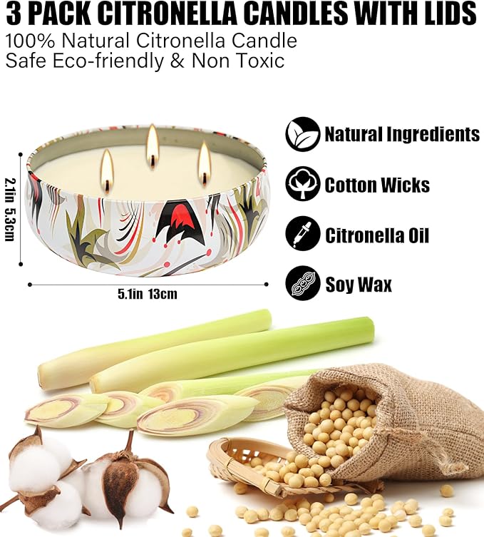 Citronella Candles Outdoor, 3 Pack 12oz Large Candle 3-Wick Natural Soy Wax Summer Scented Natural Set Soy Wax with 240-Hour Burn Time (Red)