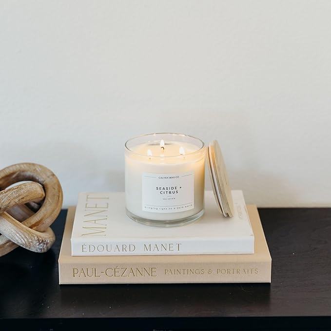 Calyan Wax Co. Seaside & Citrus 3 Wick Scented Candle - 43 Hour Burn - Luxury 3 Wick Soy Candles - Non Toxic Soy Wax Candles - Long Lasting Large Glass Jar Candle for Home - 14.9oz