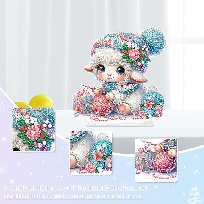 antor DIY Diamond Painting Desktop Ornament Kit, Special Shape Diamond Art Tabletop Decoration, Acrylic Diamond Painting Desk Figurine Decor Crafts Gift, Cute Sheep Knitting