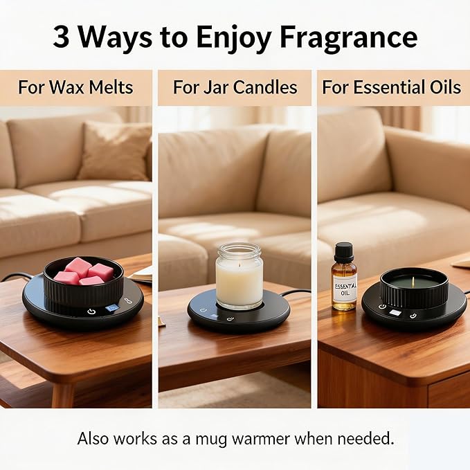 Wax Melt Warmer with Timer, 3-in-1 Candle Warmer, Electric Wax Melter for Scented Wax Cubes, Jar Candles & Essential Oils, 3 Temperature Settings, 8H Auto Shut Off, Black