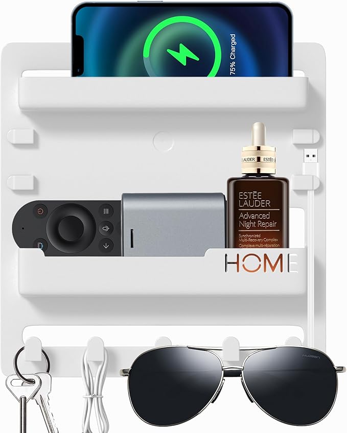 Bedside Shelf Wall Mount,Floating Bedside Adhesive Shelves Accessories,Wall Shelf Organizer and Storage for Bedroom,Camper,Dorm,Apartment-Phone,Earphone,Kindle,Remote Holder,Cable Clip,5 Hooks-White