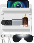 Bedside Shelf Wall Mount,Floating Bedside Adhesive Shelves Accessories,Wall Shelf Organizer and Storage for Bedroom,Camper,Dorm,Apartment-Phone,Earphone,Kindle,Remote Holder,Cable Clip,5 Hooks-White