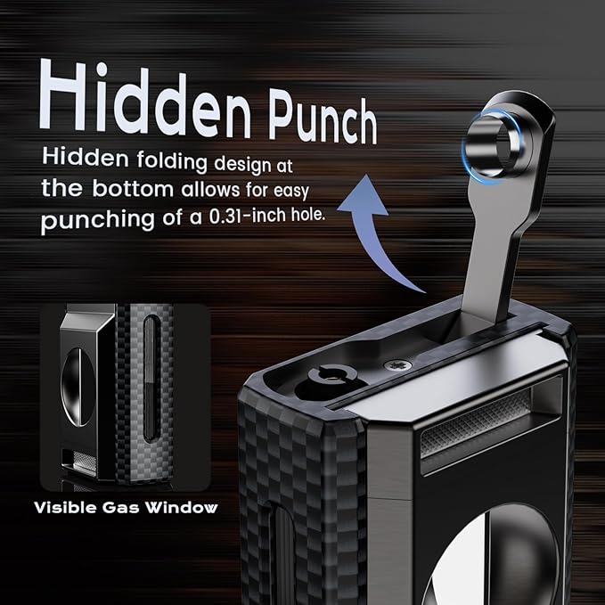 All-in-one Torch Lighter with Cutter, Built-in Punch, Refillable Windproof Jet Flame Butane Torch Lighters, Gifts for Men, Multifunctional Accessories Tool, Lighter for Candle, Travel (Without Fuel)