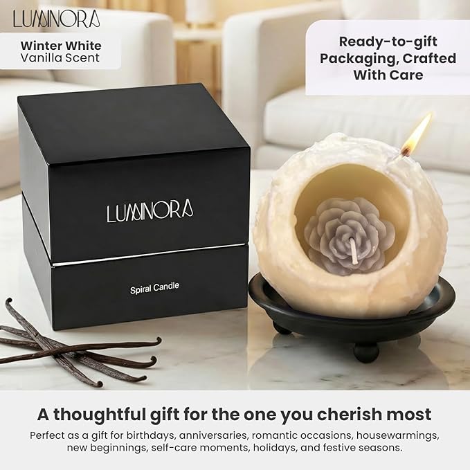 LUMINORA Spiral Scented Candle for Women & Men | Hand-Crafted Decorative Soy Wax Candle | Decor Wick Flower | Unique Twisted Spiral Burn Design | Aromatherapy Candle | Winter Whire | (Vanilla Scent)