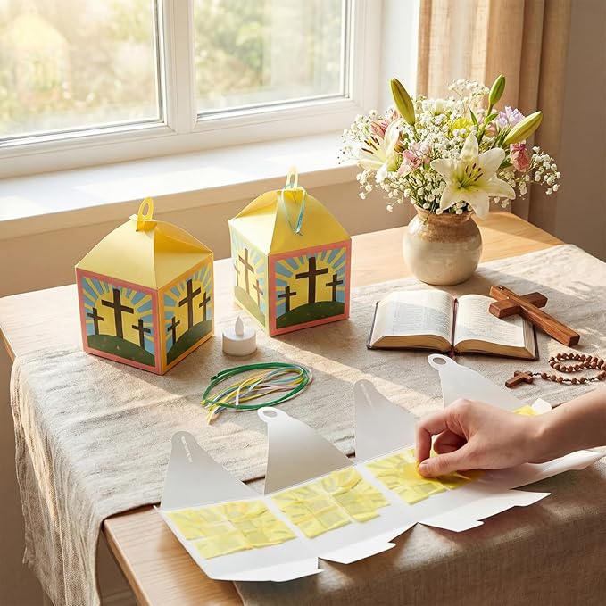 Simgoing 24 Sets Easter Crafts with LED Candle Light He is Risen Tissue Paper Resurrection Craft DIY VBS Christ Suncatchers Lanterns Hanging for Fun Home Activities Sunday School Christian Decoration