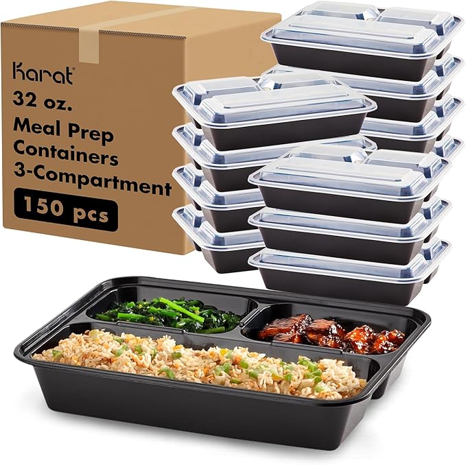 Karat Meal Prep Containers [32 oz - 150 ct] 3-Compartment, Reusable & Disposable Take Out Containers with Lids - Microwave & Dishwasher Safe Bento Boxes