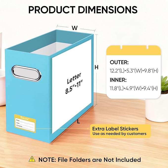 BALEINE File Organizer Box, Cardboard File Folder Organizer with Handle for Letter Size, Portable Collapsible Hanging Filing Box for Home Office Document Storage (2 Pack, Blue)