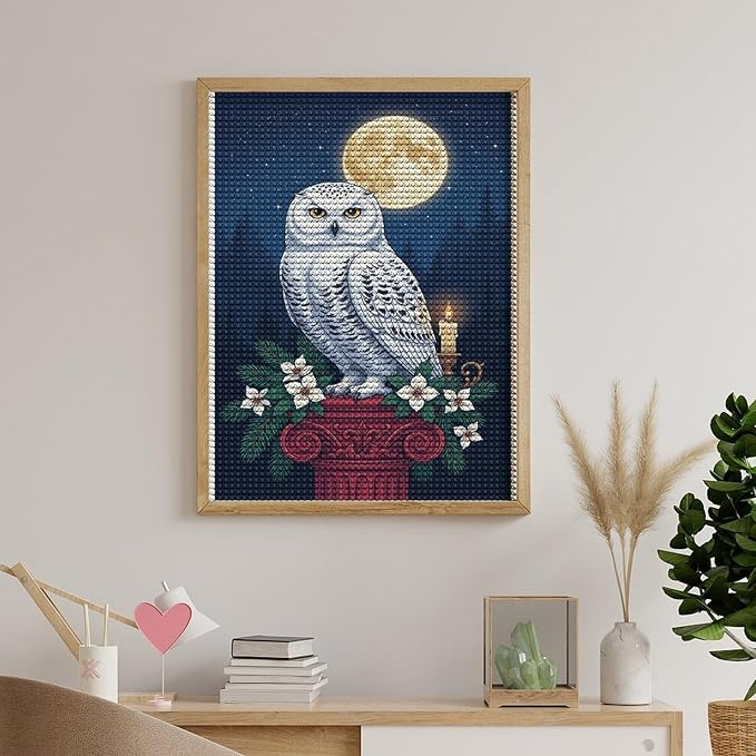 KIVJMSIDJA Snowy Owl & Candle Glow - Winter Night Scene Diamond Art Kits for Adults for Beginners, 5D Full Diamond Art Paint 12"x16"