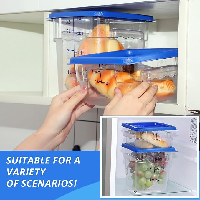 Yungyan 8 Pcs Restaurant Food Storage Containers with Lids Set 2Qt and 4Qt Commercial Restaurant Square Storage Containers Clear Food Cereal Container for Kitchen Freezer (Blue Lids)