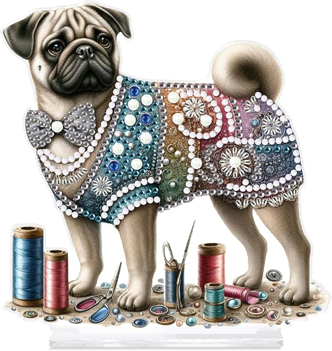 antor Diamond Painting Desktop Ornament Kit, Pug Dog DIY Acrylic Diamond Art Tabletop Decoration, Special Shape Crystal Diamond Painting Figurine Ornaments Kit for Adult Beginner
