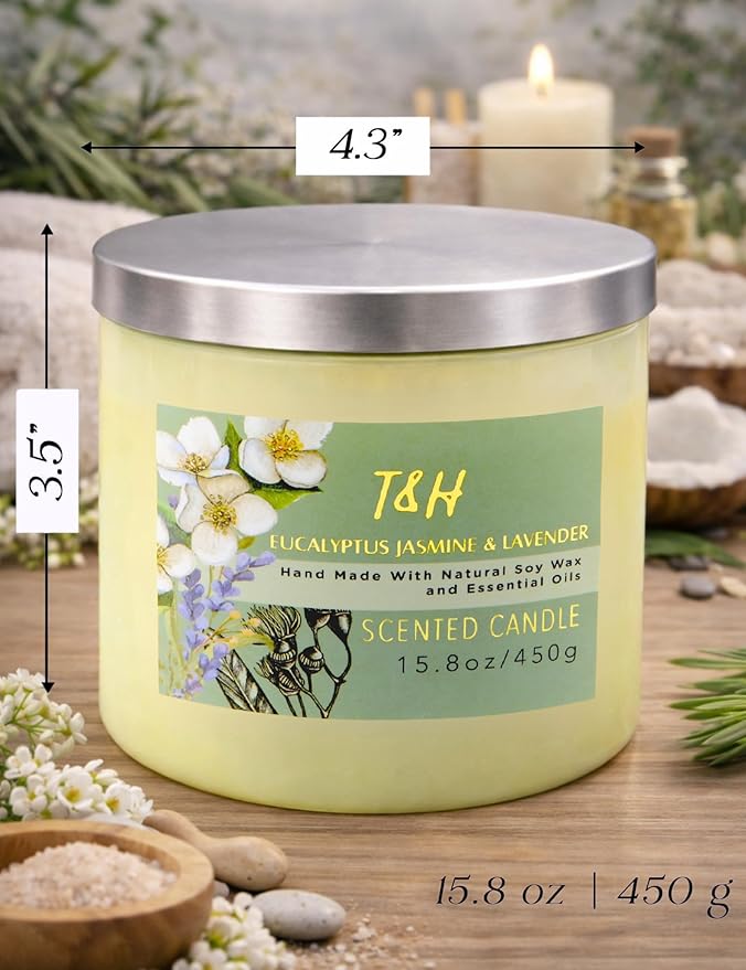 Eucalyptus Jasmine Lavender Scented Candle | 3 Wick Large Soy Candle for Home 15.8oz | Calming Aromatherapy Spa Candle | Strong Scent, Long Lasting, Clean Burn | Stress Relief Gift for Women & Men