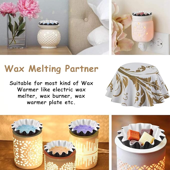 50 Wax Melt Warmer Liners for Scented Candle Cubes, Disposable Wax Melt Warmer Cups for Plug-in Electric Melter, Reusable and Leakproof Liners for Scented Tart Burner(Golden Pattern)