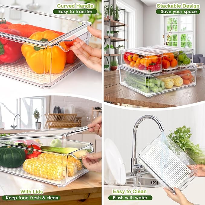4 Pack Fridge Organizer, Stackable Refrigerator Organizer Bins with Lids, BPA-Free Fridge Organizers and Storage Containers for Fruit, Vegetable, Food, Drinks, Cereals, Clear