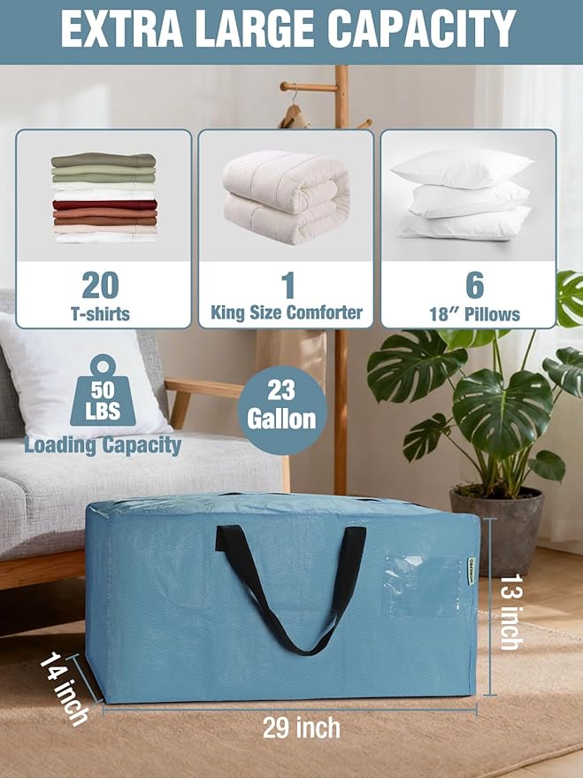 WORKPRO 1 Pack Extra Large Moving Bags with Zippers & Carrying Handles Backpack Straps, Heavy-Duty Storage Tote for Space Saving & Storage, Alternative to Moving Box (Dusty Blue)