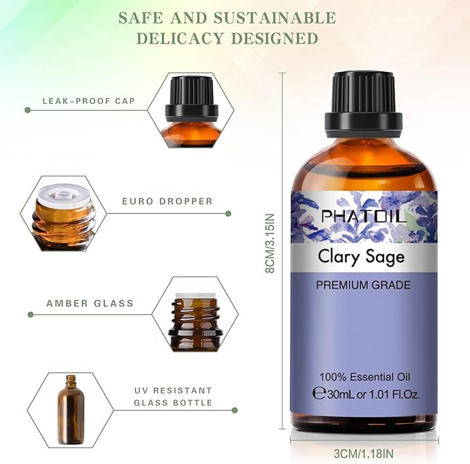 Clary Sage Essential Oil, 1.01Fl.Oz (30ML) PHATOIL Pure Essential Oil Singles for Aromatherapy Diffusers, Humidifiers, Great for DIY Candle and Soap Making, Gift for Friend
