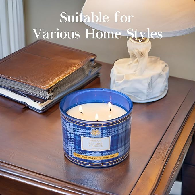 M&SENSE Plaid Pattern 3 Wick Soy Candles,11.64 oz Large Sea Mint & Spruce Scent Candle for Relaxation, Gifting, Home Décor | for Bedroom, Office, Party