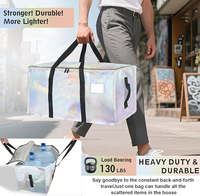 8 Pack-Extra Large Heavy Duty Moving Bags - Waterproof Storage Totes with Handles & Zippers, Foldable for College Dorm, Storage (Shiny Color)