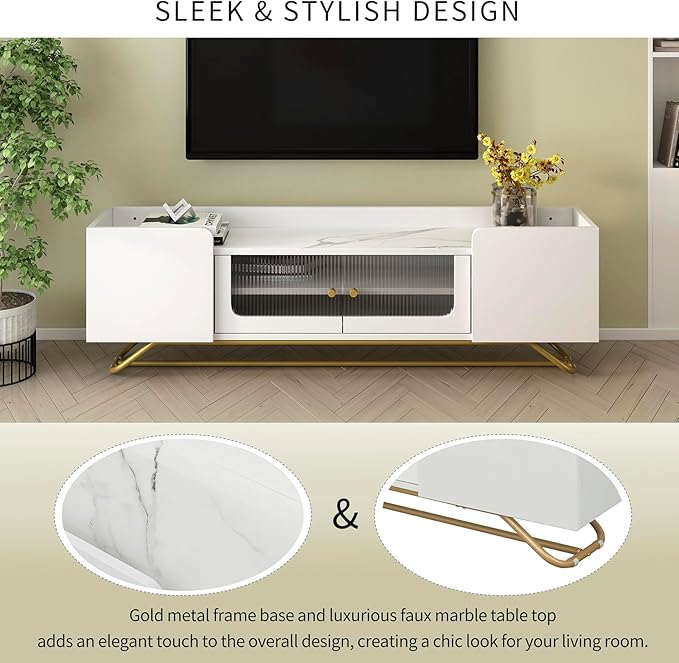 Modern Entertainment Center for TVs Up to 65”, Sleek Design TV Stand with Fluted Glass Doors and Gold Frame Base, Faux Marble Top TV Console Table for Bedroom,Living Room, 63.07 inch Length, White