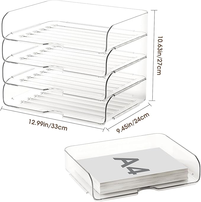 4-Tier Large-Capacity Paper Organizer, Clear Stackable Desk Organizer & Acrylic Paper Tray, Transparent & Easy Access,Desk File Organizer for Home Office & School
