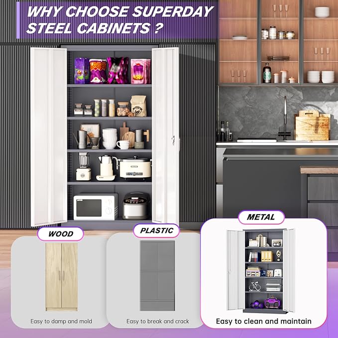 Superday Metal Storage Cabinets, 72" Storage Cabinet with Locking Door, Tall Garage Cabinet with 2 Doors and 4 Adjustable Shelves for Home Office, Classroom, Easy Assemble(White Grey)