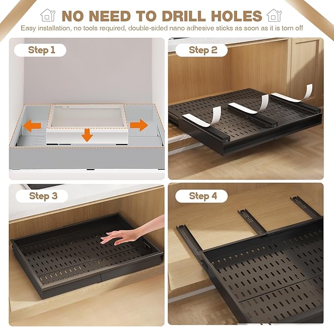 2 Pack Pull Out Cabinet Organizer With Raising Pad for Framed Cabinets,Expandable Width (15"-25") and Depth (17"-24"),3 Slide Rails Slide Out Drawers with Handle,No-Drill Roll Out Shelf,Black