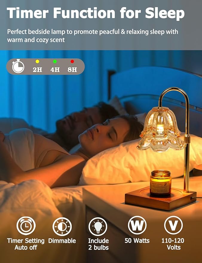 Flower Candle Warmer Lamp with Timer, Gold Lamp Candle Warmer Adjustable Dimmable, Electric Wax Warmer Lamp for Large Jar Candles Melt with 2 Bulbs, Gifts for Men Women Birthday Home Decor