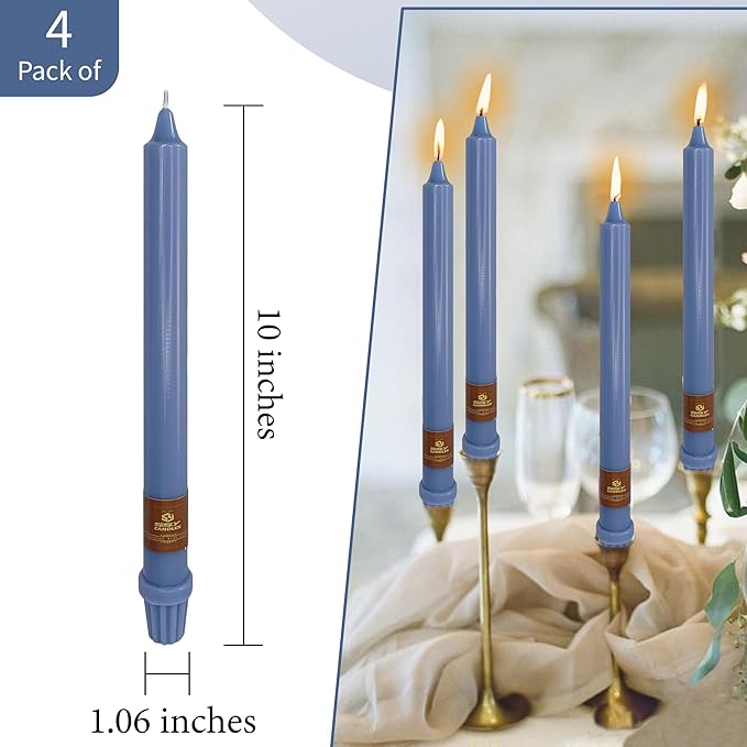 Haze Blue Candlesticks 10 inch Taper Candles- Dripless and Smokeless Candle Unscented - Slow Burning Candle Sticks - Pack of 4