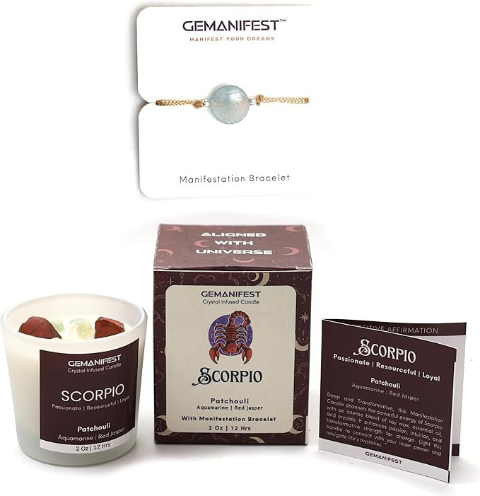 Scorpio Zodiac Candle Scorpio Birthday Gifts for Men Women Patchouli Crystal Candle with Healing Crystals and Manifestation Bracelet Soy Candles for Home Scented