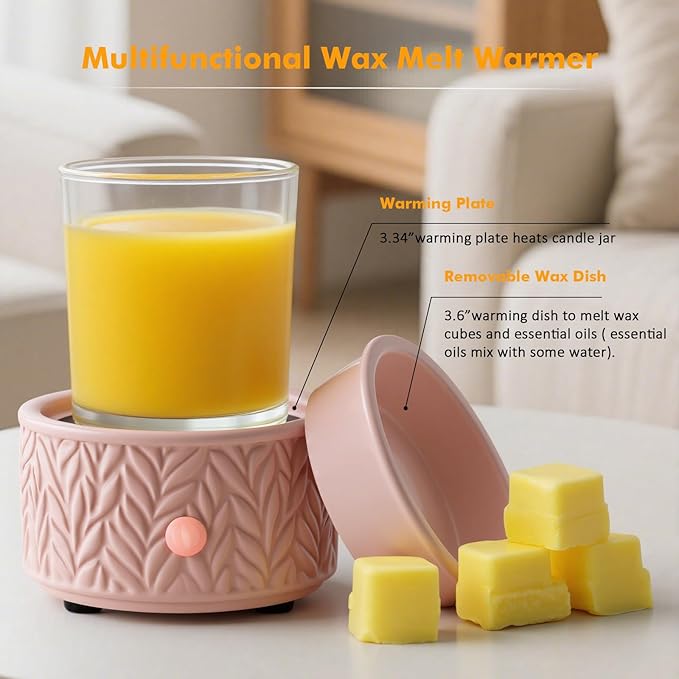 EQUSUPRO Wax Melt Warmer for Scented Wax - 4-in-1 Electric Ceramic Candle Wax Warmer Fragrance Wax Burner Melter for Home Office Decor & Gift for Women (Pink Leaf)