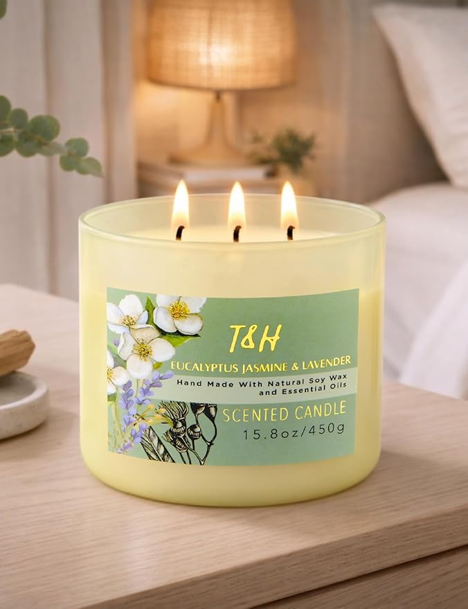 Eucalyptus Jasmine Lavender Scented Candle | 3 Wick Large Soy Candle for Home 15.8oz | Calming Aromatherapy Spa Candle | Strong Scent, Long Lasting, Clean Burn | Stress Relief Gift for Women & Men
