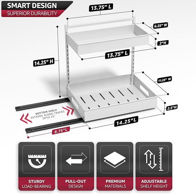 Sorbus Under Sink Organizer with Sliding Tracks – Pull Out Cabinet Organizer with Drawer & Installation Rails – Under Cabinet Bathroom Storage Organizer for Kitchen, Pantry, or Vanity –White 1 Pack