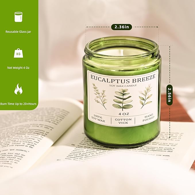 Eucalyptus & Mint Candles for Home Scented, 20 Hours Burn Soy Candle Gift for Women Stress Relief, Meditation, Yoga, Relaxing, Natural Soy Wax for Men and Women, 4oz
